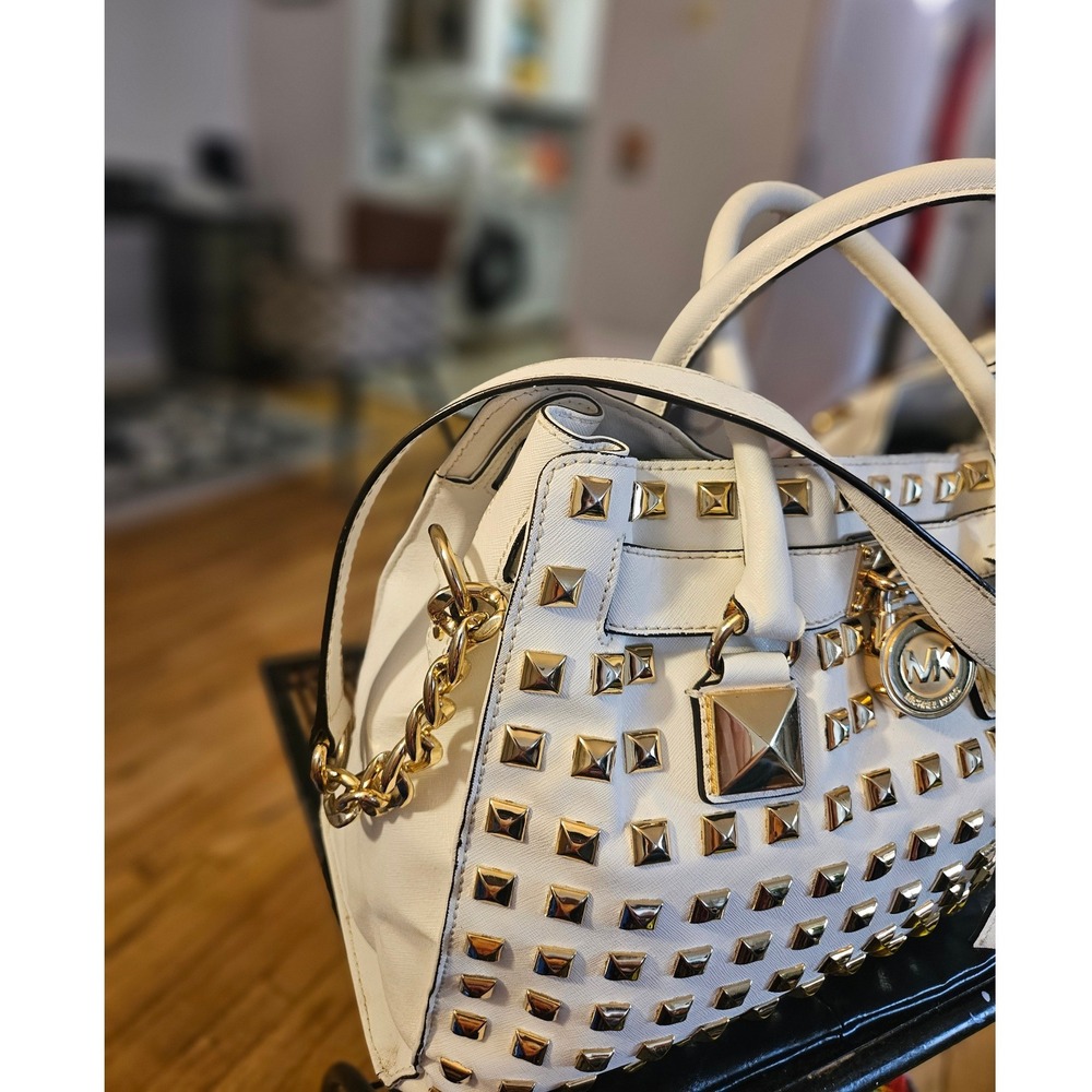 Michael Kors Hamilton Satchel White Saffiano Leather Gold Studded MK Padlock Bag - Picture 8 of 14